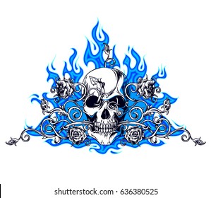 Hand drawn vintage stylized vector illustration of skull and detailed ornament with roses and flames. The illustration is fully editable and can be used for design and decoration.