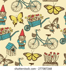 Hand drawn vintage summer garden seamless pattern. Bird house, garden gnome, tulips, garden wheelbarrow, butterflies, bicycle.