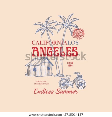 Hand drawn Vintage summer palm tree sea waves sun and beach illustration print. Graphic tee t shirt or poster card - Vector.los angeles california slogan.