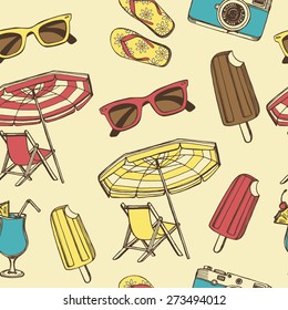 Hand drawn vintage summer set. Photo camera, sun glasses, ice cream, beach umbrella, Blue Hawaii cocktail. 