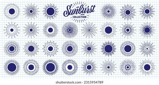 Hand drawn vintage sunburst, sunset beams on checkered paper sheet. Bursting sun, light rays. Logotype or lettering design element in retro style. School notebook for drawing. Vector illustration