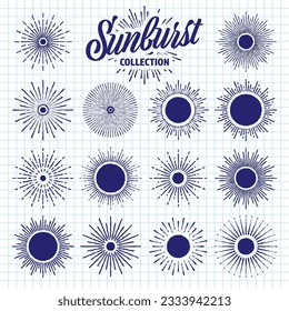 Hand drawn vintage sunburst, sunset beams on checkered paper sheet. Bursting sun, light rays. Logotype or lettering design element in retro style. School notebook for drawing. Vector illustration