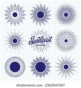 Hand drawn vintage sunburst, sunset beams on checkered paper sheet. Bursting sun, light rays. Logotype or lettering design element in retro style. School notebook for drawing. Vector illustration