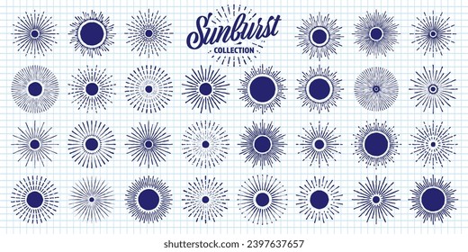 Hand drawn vintage sunburst, sunset beams on checkered paper sheet. Bursting sun, light rays. Logotype or lettering design element in retro style. School notebook for drawing. Vector illustration