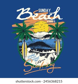 Hand Drawn Vintage sunset beach Graphic, surfing the summer waves with surfboard under the sun and palm, Long beach, summer vibes hand draw, summer slogan with beach illustration, Hawaii, Aloha surf 