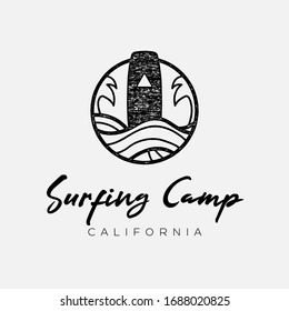 Hand drawn vintage surf logo print design. Circular Logo, surfboard, ocean waves and palms. Vector design.