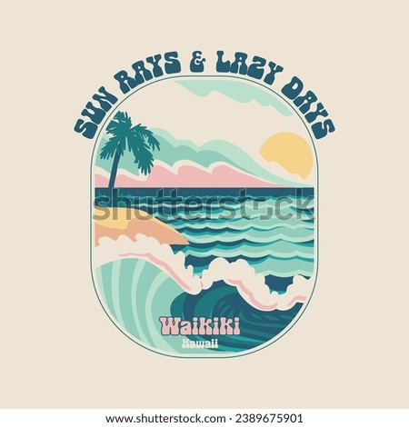 HAND DRAWN VINTAGE SURF SUN SAND BEACH SHORE PALM TREE LANDSCAPE HAWAII TROPICAL OCEAN VACATION DESTINATION TYPOGRAPHY PRETTY RETRO TSHIRT TEE PRINT FOR APPAREL MERCHANDISE
