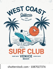 Hand drawn vintage surf theme print design, for t-shirt print and other uses.