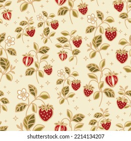 Hand drawn vintage sweet strawberry vector seamless pattern illustration with leaf branch and floral elements