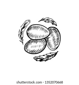 Hand drawn vintage symbol of Happy Easter, vector ink sketch illustration isolated on white, decorative festive eggs with feather, natural rural food for holiday design, greeting spring card