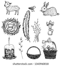 Hand drawn vintage symbols set of Happy Easter, vector ink sketch illustration isolated on white, rabbit, lamb, festive eggs in the basket, cake with candle, willow branch, chicken nest line art