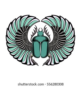 Hand drawn vintage tattoo art. Vector illustration, symbol of pharaoh, Resurrection element of life ancient Egypt, linear style. Scarab beetle, god sun Ra, wings and ankh. Isolated. White background