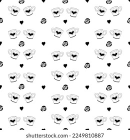 Hand drawn vintage tea cup seamless pattern decorated with hearts, roses. Doodle Coffee Mugs seamless pattern. Black on white background.
