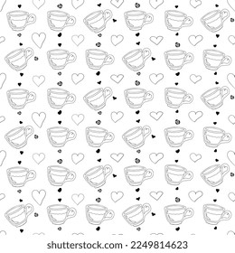 Hand drawn vintage tea cup seamless pattern decorated with hearts, roses. Doodle Coffee Mugs seamless pattern. Black on white background.
