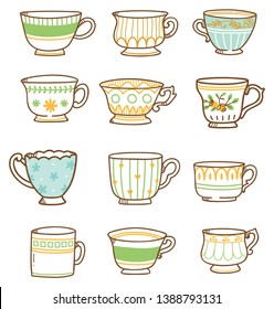 Hand drawn vintage tea cups set 