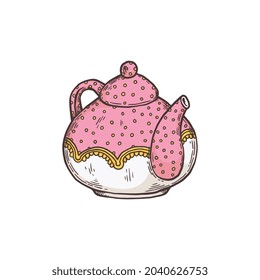 Hand drawn vintage teapot crockery, sketch vector illustration isolated on white background. Colorful cartoon icon or symbol of ceramic teapot for tea brewing.
