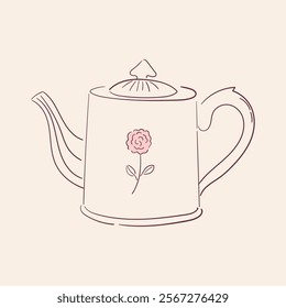 Hand drawn vintage teapot with flower. Line art ceramic kettle in coquette style. Outline porcelain illustration. Vector graphic