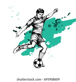 hand drawn vintage template, invitation, card with footballer and colored blot. sport theme