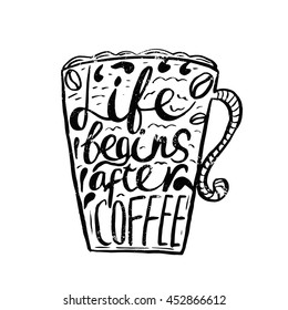 Hand drawn vintage template quote Life begins after coffee .Can be used as a print, t-shirts, bags, greeting cards,poster etc.