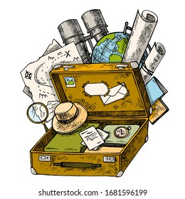 Hand drawn vintage travel bag. Sketch Open suitcase with things for travel or vacation. Set of retro things for travel. 