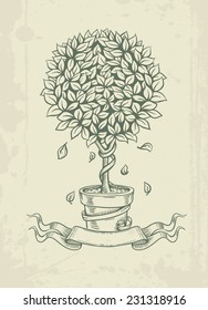 Árbol vintage dibujado a mano con hojas caídas. Ilustración vectorial Eps10