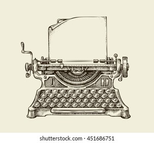 Ручная рисованная винтажная пишущая машинка. Публикация эскиза. Векторная иллюстрация