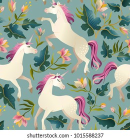 Hand Drawn Vintage Unicorn In Magic Forest Seamless Pattern. Vector Illustration In Victorian Style.