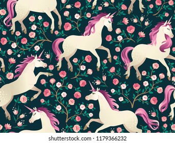 Hand Drawn Vintage Unicorn In Magic Forest Seamless Pattern. Vector Illustration In Victorian Style.