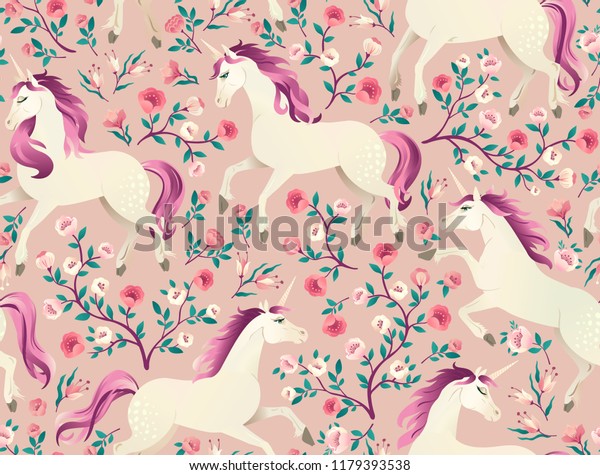 Hand drawn vintage Unicorn in magic forest seamless pattern. 