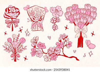 dibujado a mano Antiguas flor de San Valentín, coqueta Clipart, lindo, y2k, coqueta estética, arcos Clipart, artesanías Arcos Coqueta,, Clipart de la cinta rosa Regalo arco Clipart Moda Decoración Valentine, nostalgia