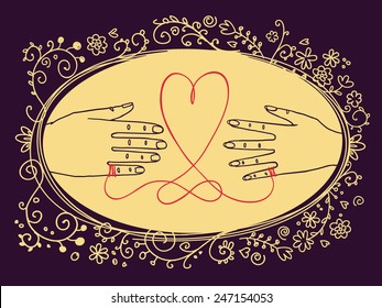 Hand drawn vintage Valentine's Day greetings card or Wedding invitation, with male and female hands connected by the red string of fate