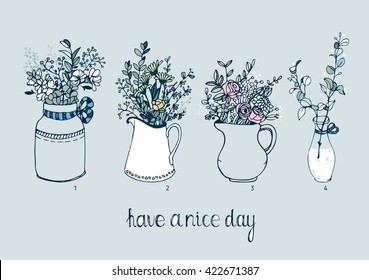 Hand drawn vintage vases with flowers. Provence style. Perfect for card or invitation. Vector illustration