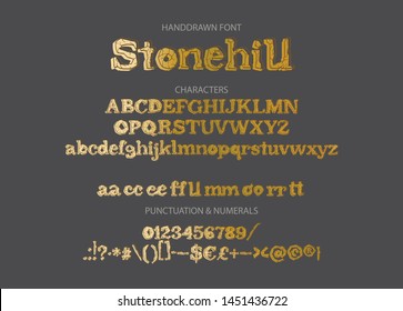 Hand drawn vintage vector alphabet ABC font with letters, numbers, symbols. For calligraphy, lettering, hand made quotes. Golden letters with stone texture.
