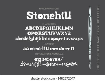 Hand drawn vintage vector alphabet ABC font with letters, numbers, symbols. For calligraphy, lettering, hand made quotes. Letters with stone texture.