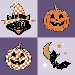 Hand Drawn Vintage Vector  Halloween Black Cat And Pumpkin Characters. Perfect For Logo Or Card Design.