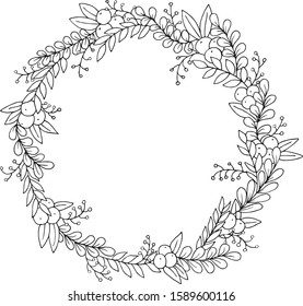 Hand drawn vintage vector illustration of floral wreath with berries and leaves. Black outlines isolated on white background. Design for decor, invitations, website, seasonal cards, coloring and etc.