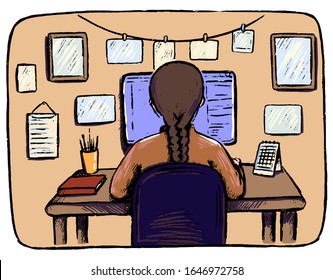 Hand drawn vintage vector illustration. View from the back to the girl sitting at the cozy workplace. Sketch of student at computer. Study, work, freelance concept. Colored picture isolated in white.