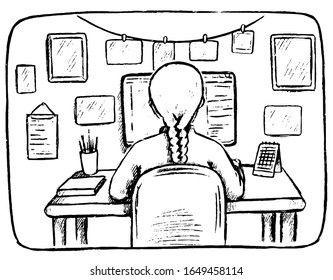 Hand drawn vintage vector illustration. View from the back to the girl sitting at the cozy workplace. Sketch of student at computer. Study, work, freelance concept. Outline picture isolated in white.