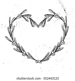 Hand drawn vintage vector illustration. Decorative laurel wreath in shape heart. Mistletoe. Tribal design elements. Perfect for invitations, greeting cards, quotes, blogs, posters and more.