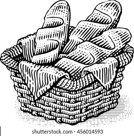 Hand drawn vintage vector illustration, basket with fresh bread. Sketch engraving. Food template for bakery shop. 