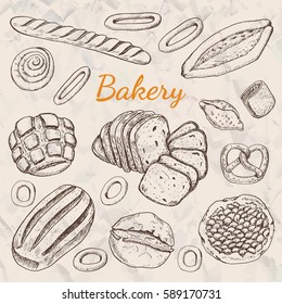Hand drawn vintage vector illustration - Set of Bakery. Organic food.