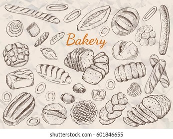 Hand drawn vintage vector illustration - Set of Bakery. Organic food.