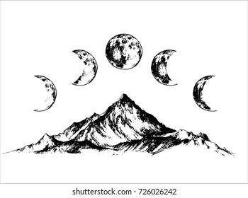 Hand Drawn Vintage Vector Logo With Mountains And Moon