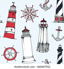 Hand drawn vintage vector nautical pattern, seamless vector illustration