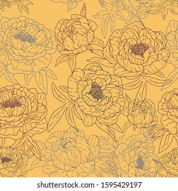Hand drawn vintage vector seamless pattern. Gentle contour peonies. Colorful floral botanical background. Surface design wrap, paper, textile, postcards, scrapbooking, prints, fabric etc. Sketch style
