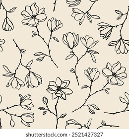 Handgezeichnetes Vintage-Vektor-nahtloses Muster mit linearen Magnolienblumen, Knospen und Ästen in neutralen Farben. Romantischer, endloser floraler Hintergrund. Schönes Blumenmuster für Textilien, Prints und Covers