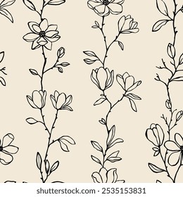 Hand drawn vintage vector seamless pattern with linear magnolia flowers, buds and branches in neutral colors. Romantic endless floral background. Lovely floral pattern for textile, prints and covers