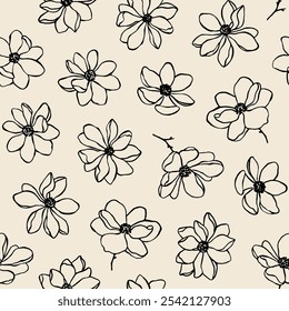 Hand drawn vintage vector seamless pattern with linear magnolia flowers, buds and branches in neutral colors. Romantic endless floral background. Lovely floral pattern for textile, prints and covers