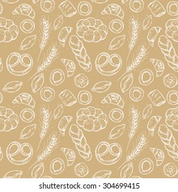 Hand drawn vintage vector seamless pattern - Bakery shop. Grocery store. Organic food.
