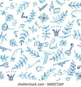 Hand drawn vintage vector seamless pattern with symbols of love and romantic. Blue ink and pen.
